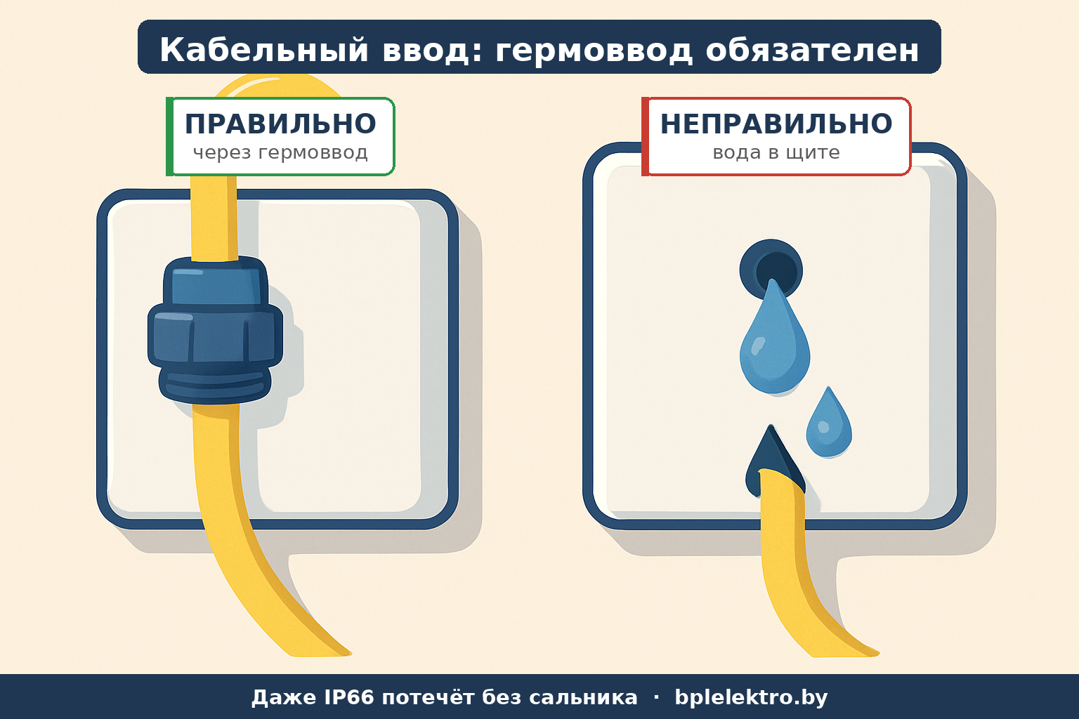 Кабельный ввод в щит: правильно через гермоввод, неправильно — вода затекает в щит