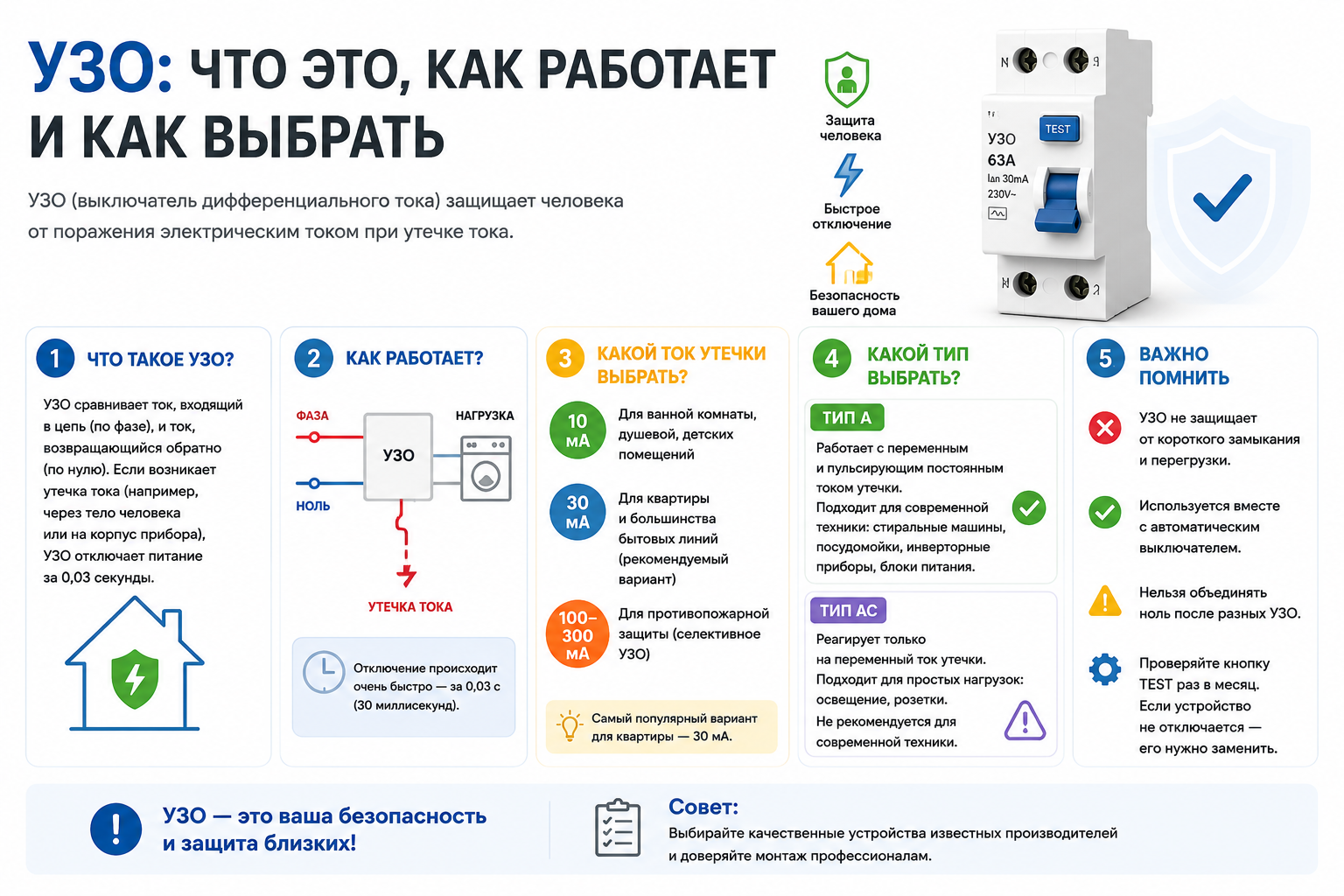 УЗО: что это, как работает и как выбрать — инфографика