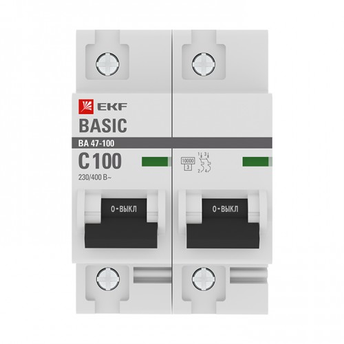 Автоматический выключатель 2P 100А (C) 10kA ВА 47-100 EKF Basic