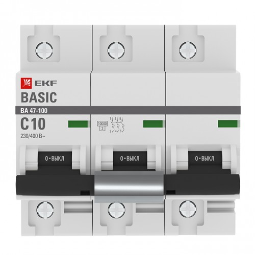 Автоматический выключатель 3P  10А (C) 10kA ВА 47-100 EKF Basic