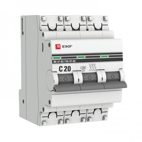 Автоматический выключатель 3P 20А (C) 4,5kA ВА 47-63 EKF PROxima