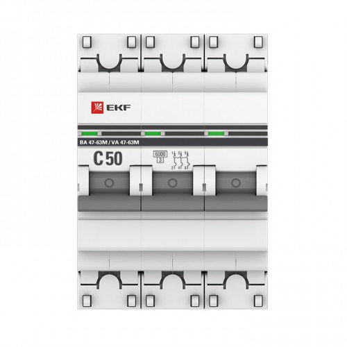 Автоматический выключатель 3P 50А (C) 6кА ВА 47-63M c электромагнитным расцепителем EKF PROxima