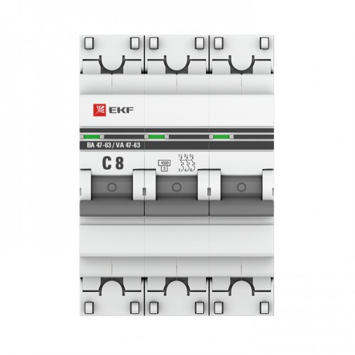 Автоматический выключатель 3P  8А (C) 4,5kA ВА 47-63 EKF PROxima
