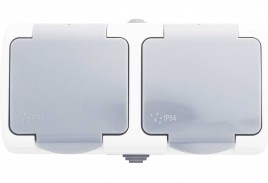 Блок горизонтальный розетка 2П+3 + розетка 2П+3 открытой установки IP54 16А 250В бело-серая 