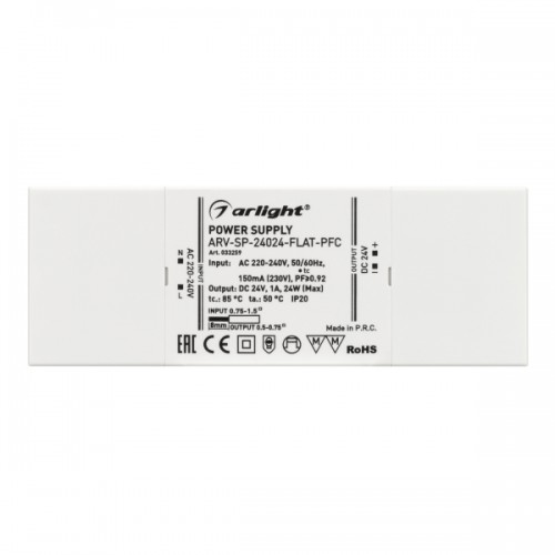 Блок питания ARV-SP-24024-FLAT-PFC (24V, 1A, 24W) (Arlight, IP20 Пластик, 5 лет)