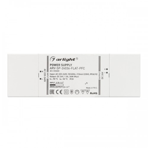 Блок питания ARV-SP-24036-FLAT-PFC (24V, 1.5A, 36W) (Arlight, IP20 Пластик, 5 лет)