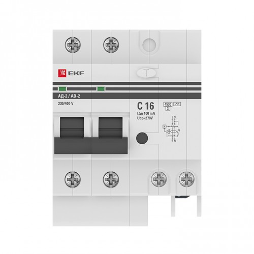 Дифференциальный автомат АД-2 16А/100мА (хар. C, AC, электронный, защита 270В) 4,5кА EKF PROxima