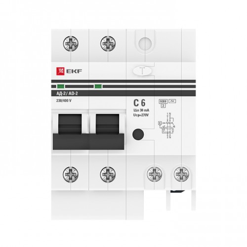 Дифференциальный автомат АД-2  6А/ 30мА (хар. C, AC, электронный, защита 270В) 6кА EKF PROxima
