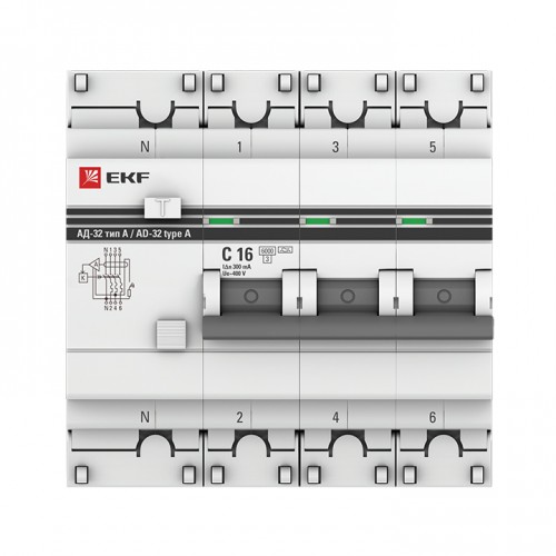 Дифференциальный автомат АД-32 3P+N 16А/300мА (хар. C, A, электронный, защита 270В) 6кА EKF PROxima