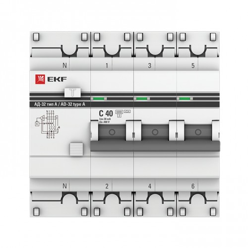 Дифференциальный автомат АД-32 3P+N 40А/30мА (хар. C, A, электронный, защита 270В) 6кА EKF PROxima