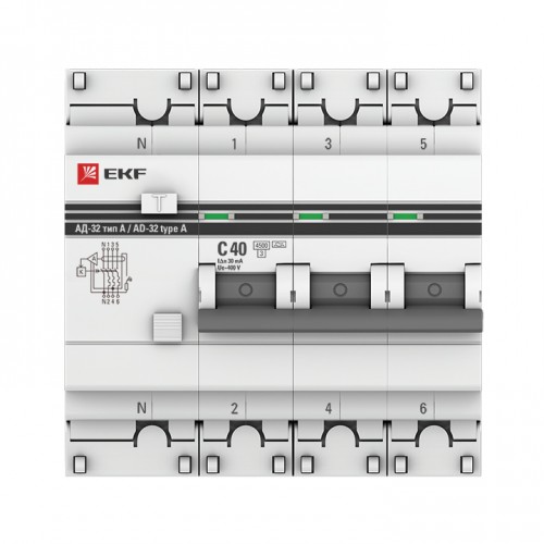 Дифференциальный автомат АД-32 3P+N 40А/30мА (тип А) EKF PROxima