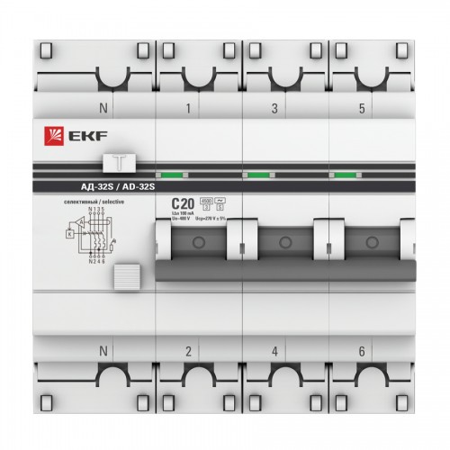 Дифференциальный автомат АД-32 (селективный) 3P+N 20А/100мА EKF PROxima