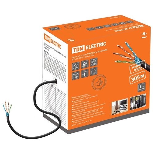 Кабель витая пара F/UTP Cat 5e 4х2х24AWG (305м) solid, PE, черный, TDM