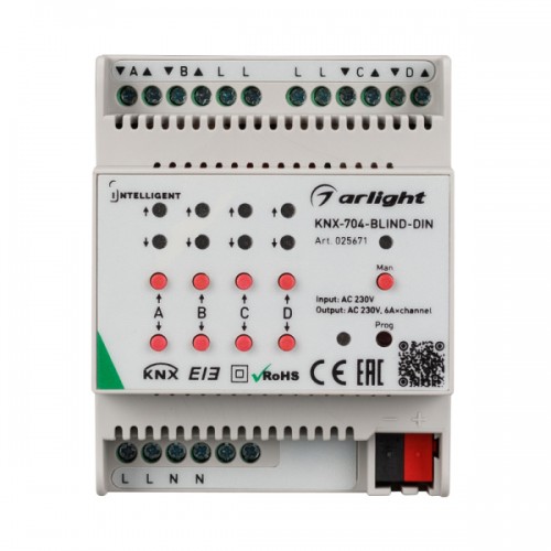 INTELLIGENT ARLIGHT Контроллер штор KNX-704-BLIND-DIN (230V, 4x6A) (IARL, Пластик)