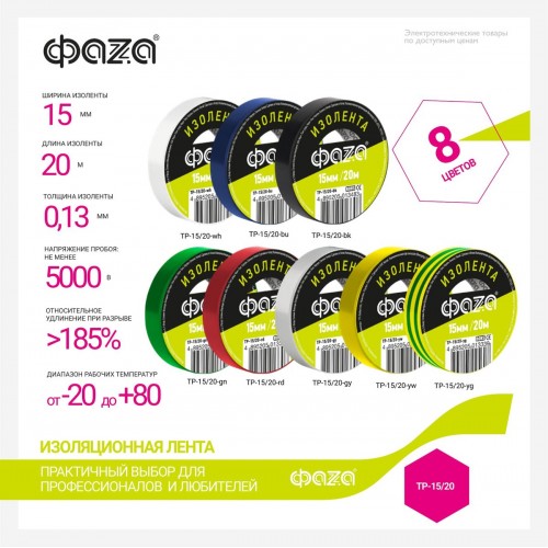 Изолента 15/20 Изолента ПВХ ФАZА 15мм * 20м черная