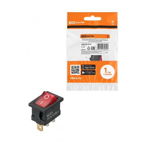 KCD1-101N 12В AC/DC, 1P, 15А, (3с), ON-OFF, черный корпус, крас.клавиша, LED подсв., Mini TDM