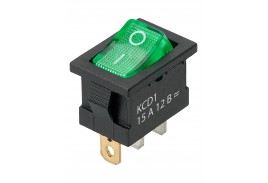KCD1-101N 12В AC/DC, 1P, 15А, (3с), ON-OFF, черный корпус, зеленая клавиша, LED подсветка, Mini TDМ