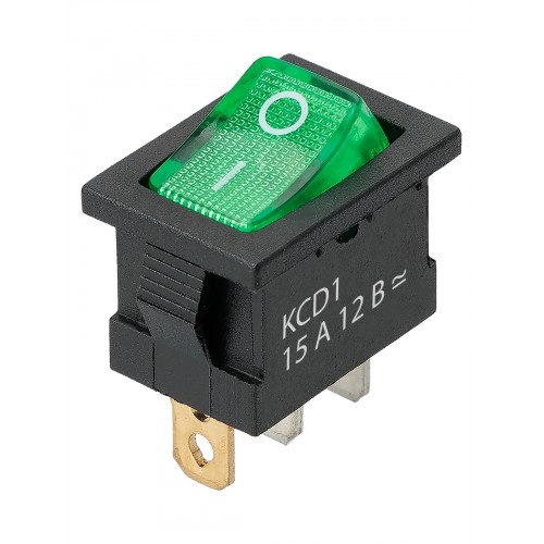 KCD1-101N 12В AC/DC, 1P, 15А, (3с), ON-OFF, черный корпус, зеленая клавиша, LED подсветка, Mini TDМ