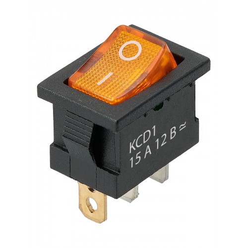 KCD1-101N 12В AC/DC, 1P, 15А, (3с), ON-OFF, черный корпус, желтая клавиша, LED, Mini TDM