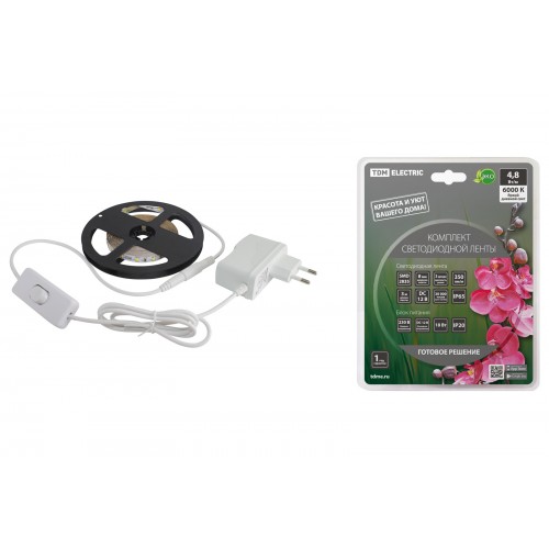 Комплект светодиодной ленты SMD2835-60 LED/м-12 В-4,8 Вт/м-IP65-6000 К (3 м), 18 Вт TDM