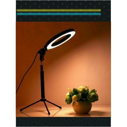 Лампа кольцевая светодиодная 16 см, 6 Вт, 2700-6400 К, штатив наст., диммер, USB, TDM
