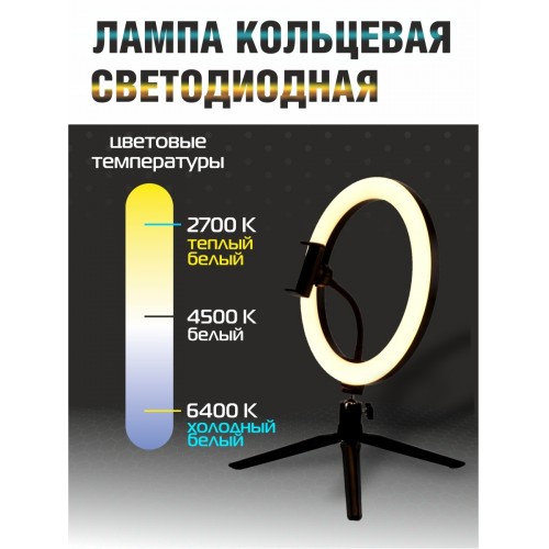 Лампа кольцевая светодиодная 26 см, 12 Вт, 2700-6400 К, штатив наст., диммер, USB, TDM
