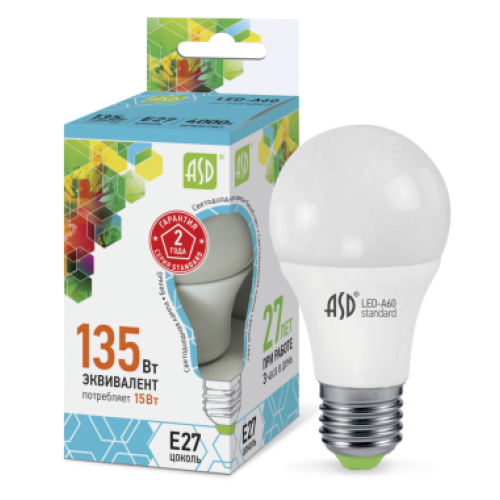 Лампа светодиодная LED-A60-standard 15Вт 230В Е27 4000К 1350лм ASD
