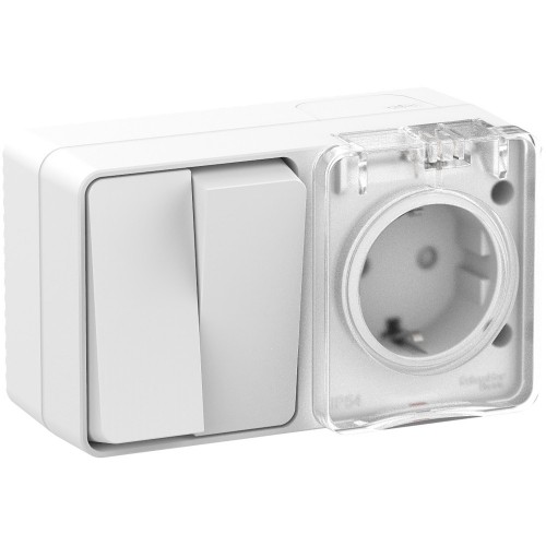 Блок ОП AtlasDesign Profi54 (розетка 16А 250В с заземл. защ. шторки + 2-кл. выкл. 10А) IP54 бел. SE