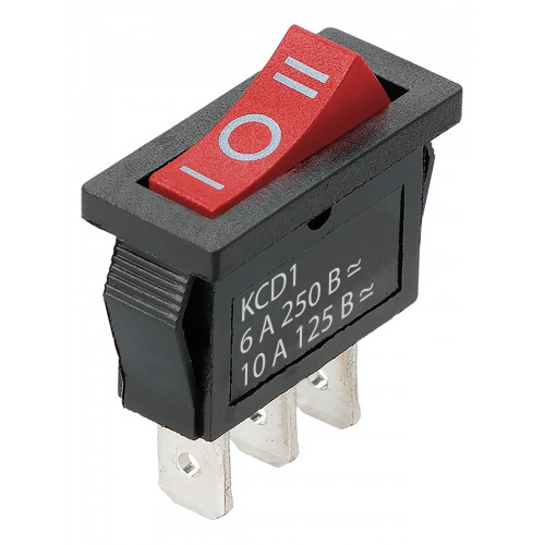 Переключатель клавишный KCD1-103 250В AC/DC, 1P, 6А, (3с), ON-OFF-ON с нейтралью, черный корпус, кра