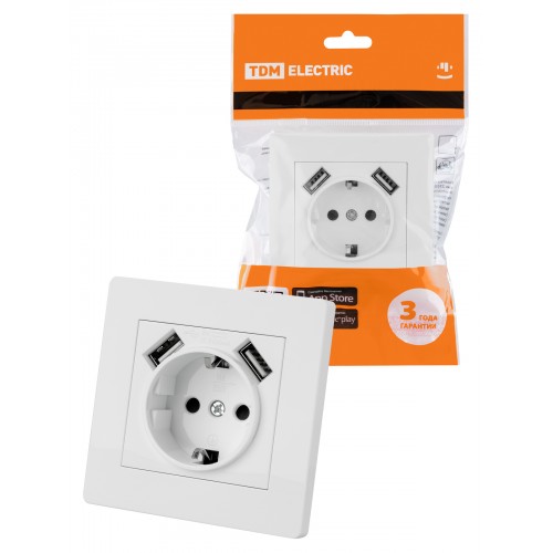Розетка 2П+З 16А 250В + 2 USB порта 2,1А 5В белая "Сенеж" TDM