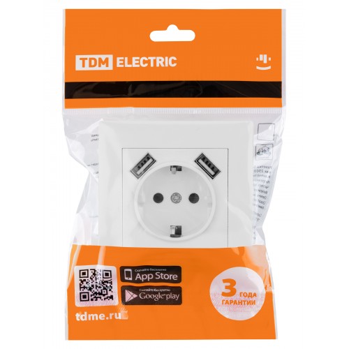 Розетка 2П+З 16А 250В + 2 USB порта 2,1А 5В белая "Сенеж" TDM