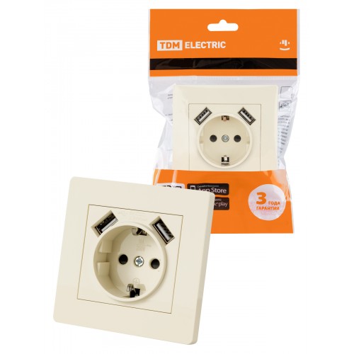 Розетка 2П+З 16А 250В + 2 USB порта 2,1А 5В сл. кость "Сенеж" TDM