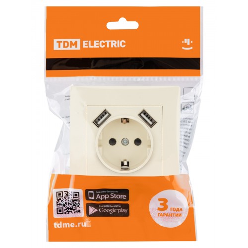Розетка 2П+З 16А 250В + 2 USB порта 2,1А 5В сл. кость "Сенеж" TDM