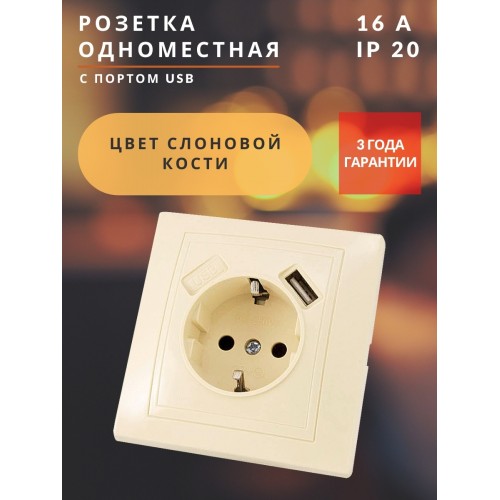 Розетка 2П+З с защ. шт. 16А 250В + USB порт 2,1А 5В сл. кость "Таймыр" TDM