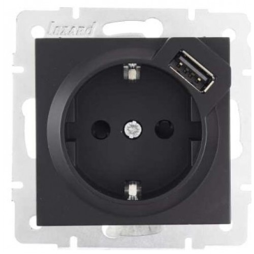 Розетка с заземлением TC+USB разъём чёрный бархат VESNA