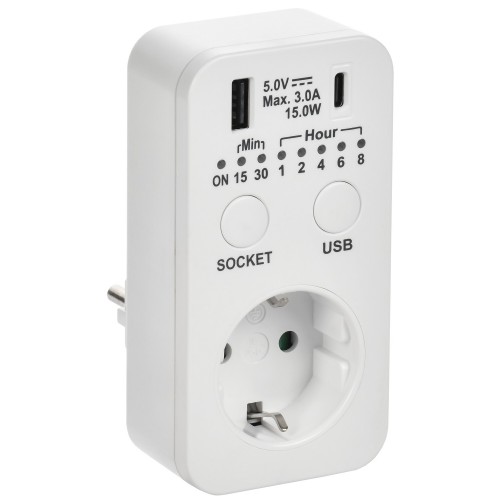 РТЭ-4 Розетка-таймер электронный с USB A+C 15мин-8ч 16А IP20 белый IEK