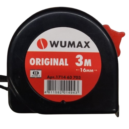Рулетка измерительная, 3м*16мм, 2 класс, ORIGINAL, WUMAX