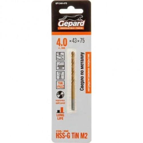 Сверло по металлу ц/x 4.0x43x75 mm HSS TIN GEPARD
