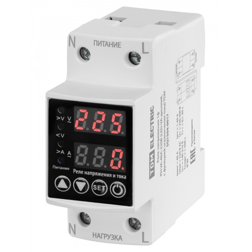 Реле напряжения 1ф РН VA-40А-220В (LED-VA-дисплей, с функцией ограничения тока) TDM