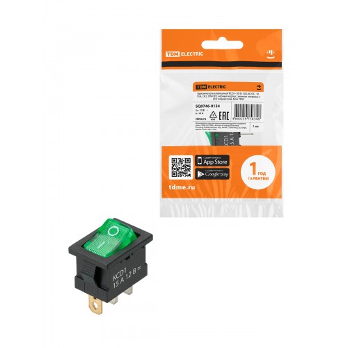 KCD1-101N 12В AC/DC, 1P, 15А, (3с), ON-OFF, черный корпус, зеленая клавиша, LED подсветка, Mini TDМ
