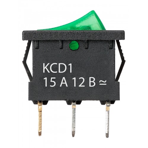 KCD1-101N 12В AC/DC, 1P, 15А, (3с), ON-OFF, черный корпус, зеленая клавиша, LED подсветка, Mini TDМ