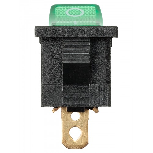 KCD1-101N 12В AC/DC, 1P, 15А, (3с), ON-OFF, черный корпус, зеленая клавиша, LED подсветка, Mini TDМ
