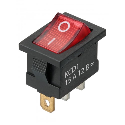 KCD1-101N 12В AC/DC, 1P, 15А, (3с), ON-OFF, черный корпус, крас.клавиша, LED подсв., Mini TDM