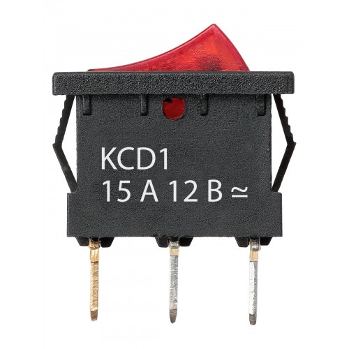 KCD1-101N 12В AC/DC, 1P, 15А, (3с), ON-OFF, черный корпус, крас.клавиша, LED подсв., Mini TDM