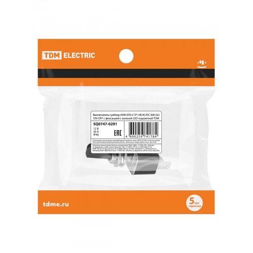 Выключатель-тумблер ASW-07D-2 1P 12В AC/DC 30А (3c) ON-OFF с фиксацией с зеленой LED подсветкой TDM