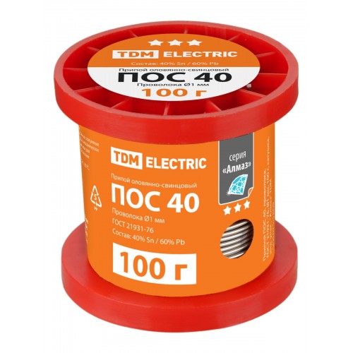 Припой ПОС 40, проволока, ГОСТ 21931-76, Ø1 мм, 100 г, катушка, инд. упак., "Алмаз" TDM