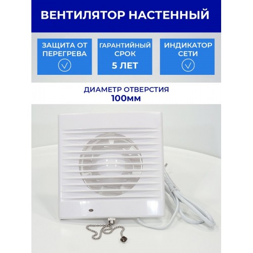 Вентилятор бытовой настенный 100 СВп, с выключателем и проводом 1,3 м, TDM
