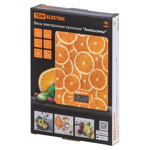 Весы электронные кухонные "Апельсины", стекло, деление 1 г, макс. 5 кг, TDM