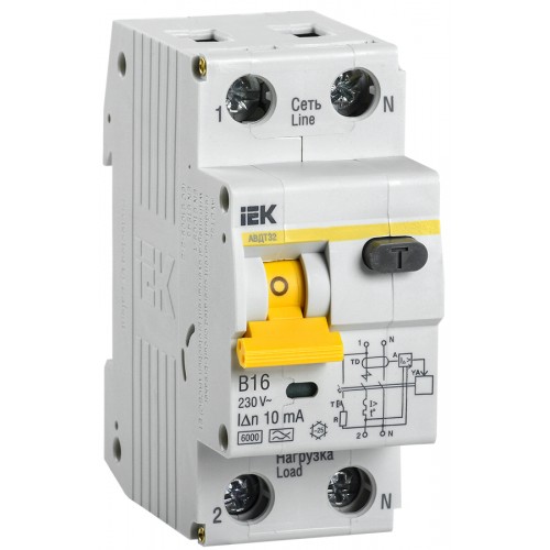 Выключатель автоматический дифференциального тока 2п (1P+N) B 16А 10мА тип A 6кА АВДТ-32 IEK