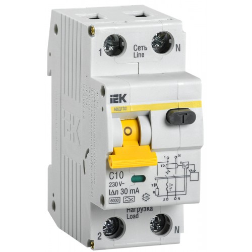 Выключатель автоматический дифференциального тока 2п (1P+N) C 10А 30мА тип A 6кА АВДТ-32 IEK